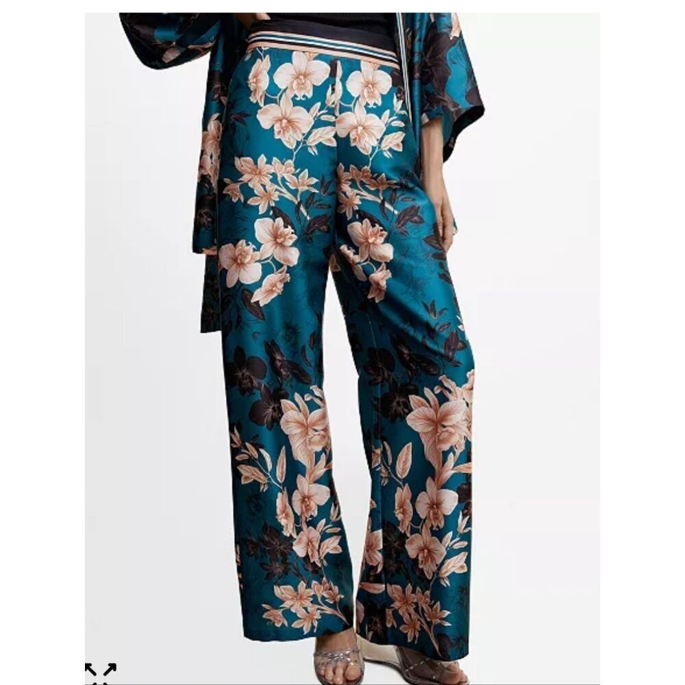MNG M Teal Floral Pants Satin